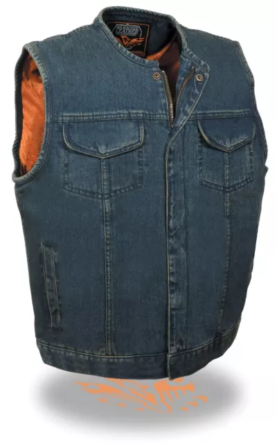 Men's Motorcycle Son Of Anarchy Blue Denim Euro Motorcycle Vest W/Gun Pocket