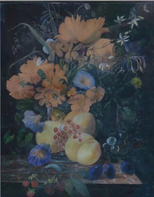 19th Century Flemish/Dutch Style Gouache Still Life "Flowers and Fruit"