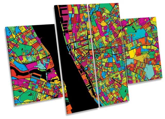 Liverpool City Modern Map Picture CANVAS WALL ART Four Panel Multi-Coloured