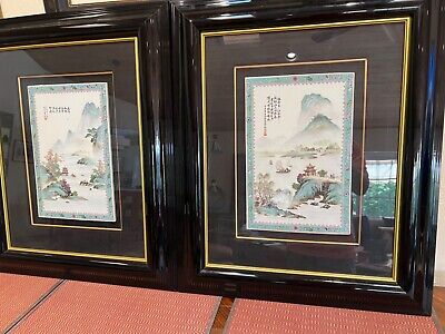 Fabulous pair antique Chinese porcelain hand painted Famille Rose plaques signed 2