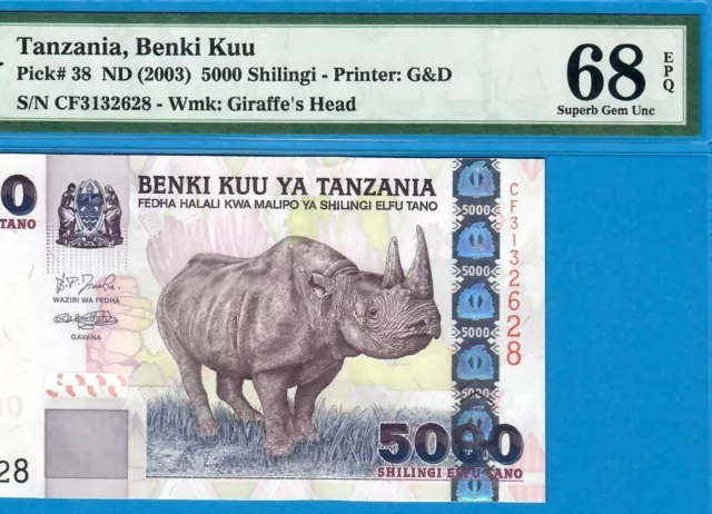 Tanzania-5000 Shilingi-2003-Pick 38 **Pmg 68 Epq Superb Gem Unc**Top Pop**