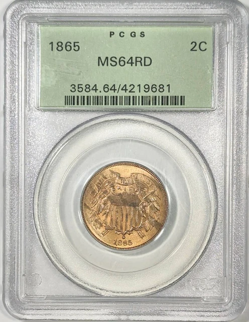 1865 P Two Cent Piece 2C PCGS MS-64 RD OGH
