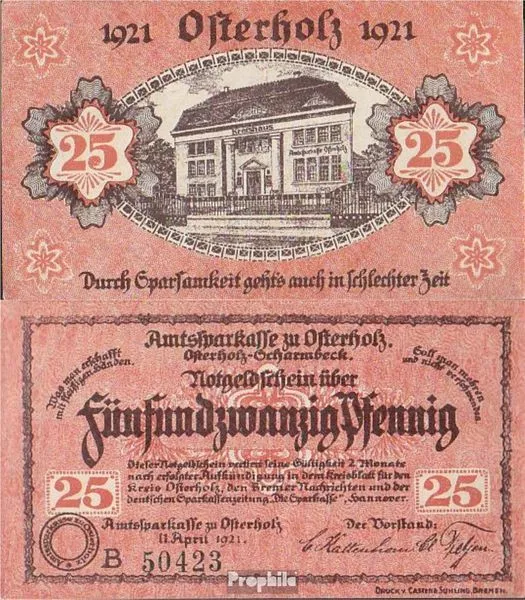 Banknoten Osterholz-Scharmbeck 1921 Notgeld: 25 Pf rot Notgeldschein der Amtsspa