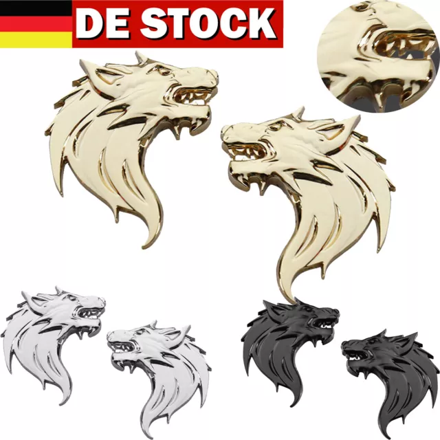 2 Stück 3D Metall Wolf Wolfkopf Logo Sticker Emblem Aufkleber PKW KFZ Auto Dekor