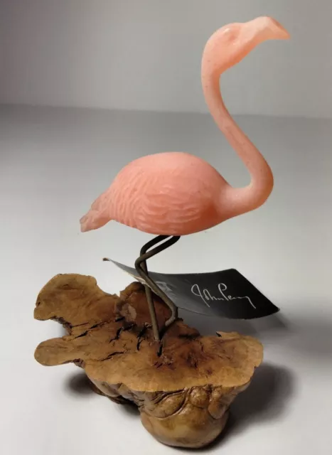 Vintage Sculpture by John Perry The Flamingo Mounted On Burl Wood W/ Tag