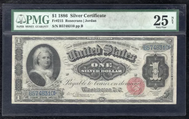 Fr. 215 1886 $1 One Dollar “Martha” Silver Certificate Note Pmg Very Fine-25