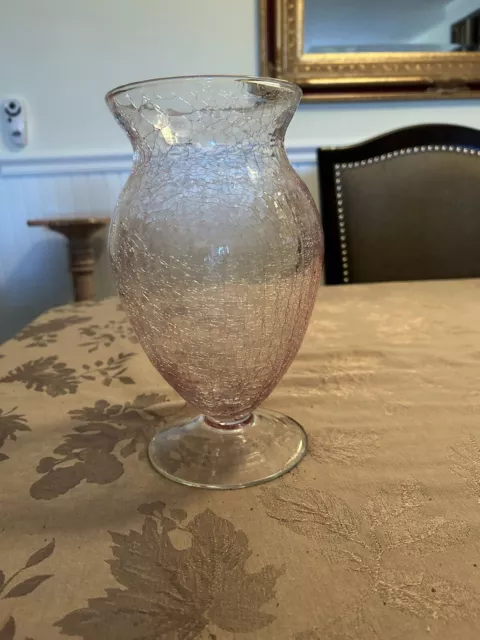 9.5 Inch Pink Crackle Glass Vase With Clear Glass Bottom