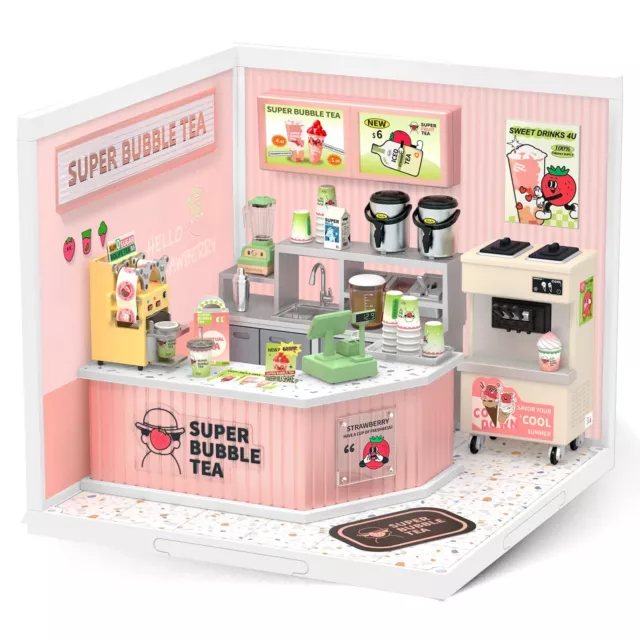 Rolife Miniature Dollhouse Milk Tea Shop Plastic House Building Set Toy LED DIY