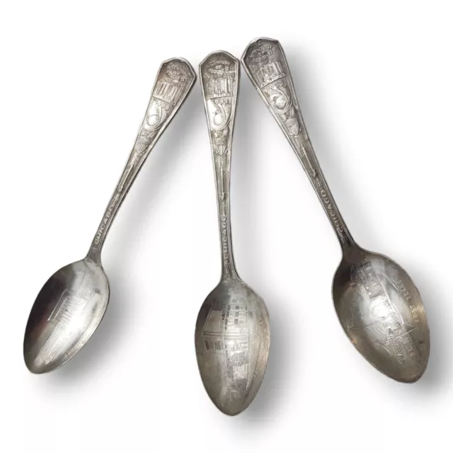 3 Silver Souvenir Spoons 1933 Chicago Century Progress Admin Building Dearborn