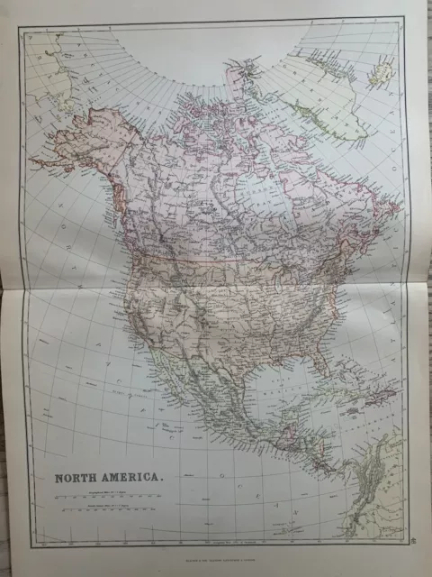 1882 North America Original Antique Colour Map By W.g. Blackie 138 Years Old