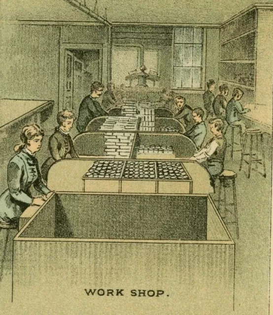 Victorian Trade Card Dr Morse's Indian Root Pills Inside the Work Shop