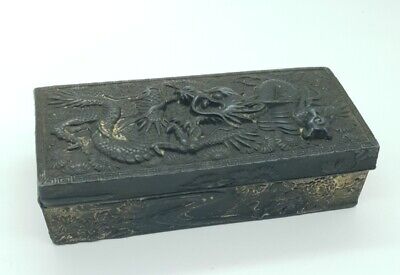 Antique Japanese Antimony Trinket Box Decorated With Dragon Flowers