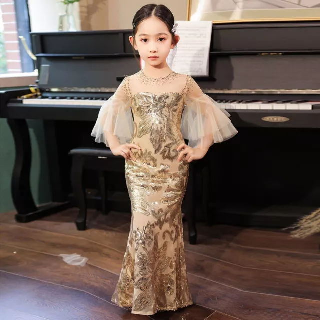 Luxury Golden Beads Princess Flower Girl Dress Baby Kids Wedding Party Costumes
