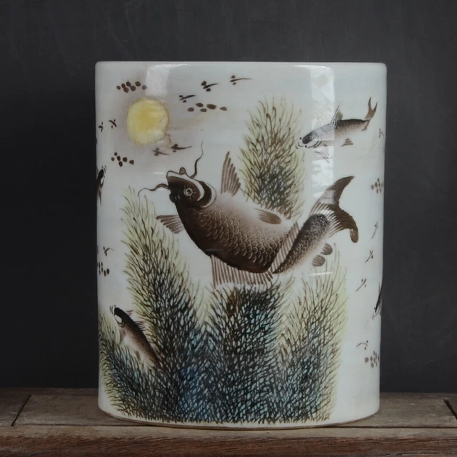 5.9"Collect China Grisaille Painting Porcelain Hand Painting Fish GrainBrush Pot