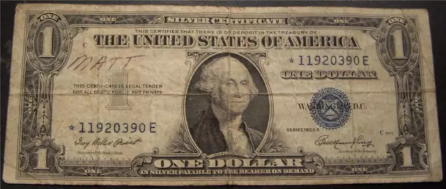 1935E $1 Silver Certificate ***STAR NOTE*** - Circulated SN: *11920390E FR#1614*