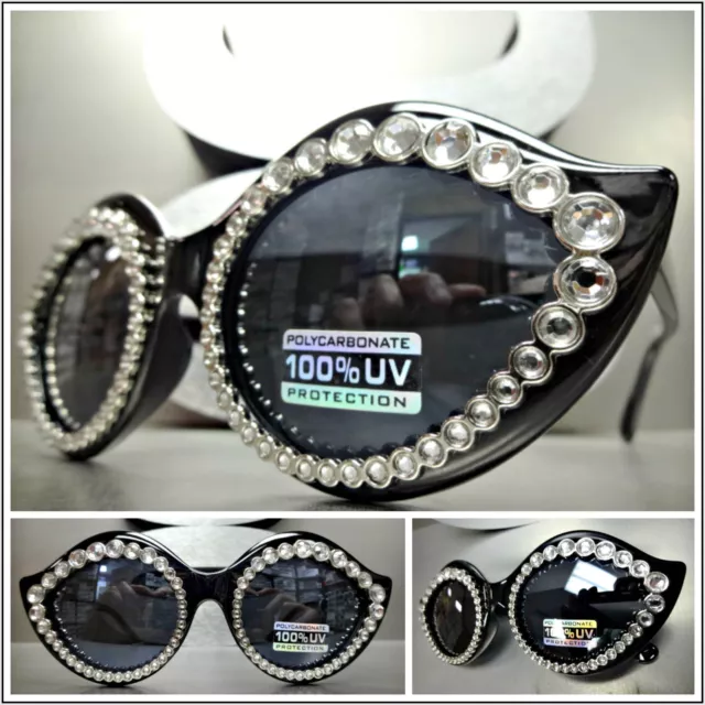 New Classic Vintage Retro Style SUN GLASSES Black Frame Bling Crystals Dark Lens