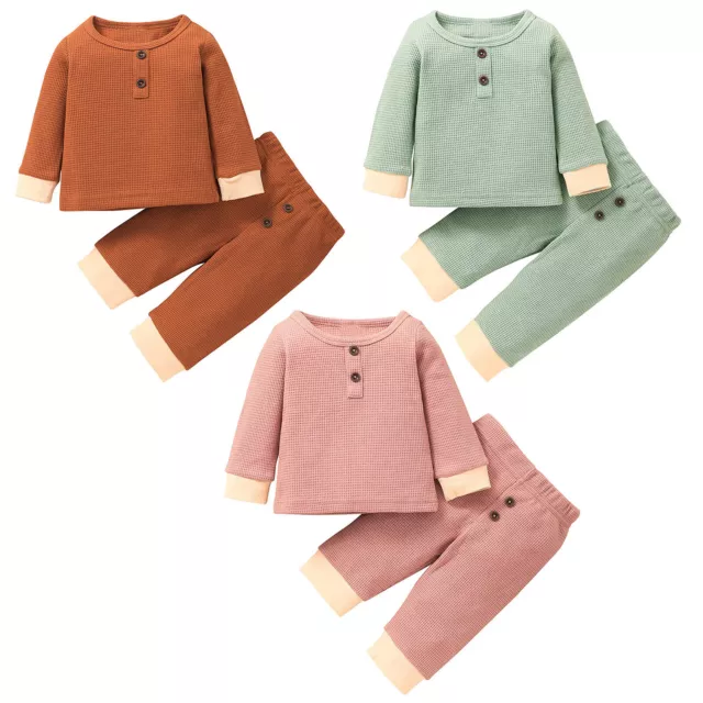Baby Girls Button Deco Waffle Knit Clothes Pullover Top Long Pants Casual Set