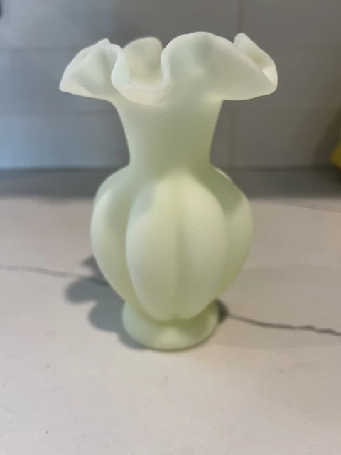 Fenton Art Glass Uranium Ruffled Melon Satin Custard Glass Vase