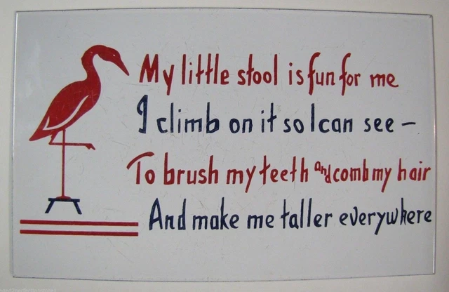 'My little stool is fun for me...' Old Porcelain Childs Stool Sign Rhyme Toy