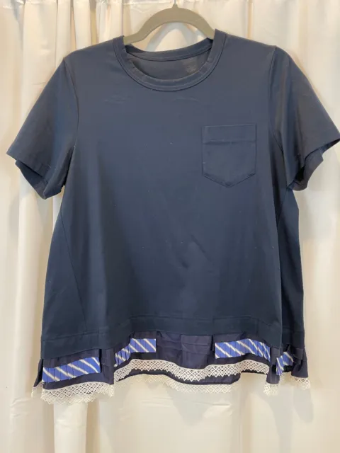 NEW SACAI Navy Blue 100% Cotton Knit Embellished  Short Sleeve Top 3 L NWOT