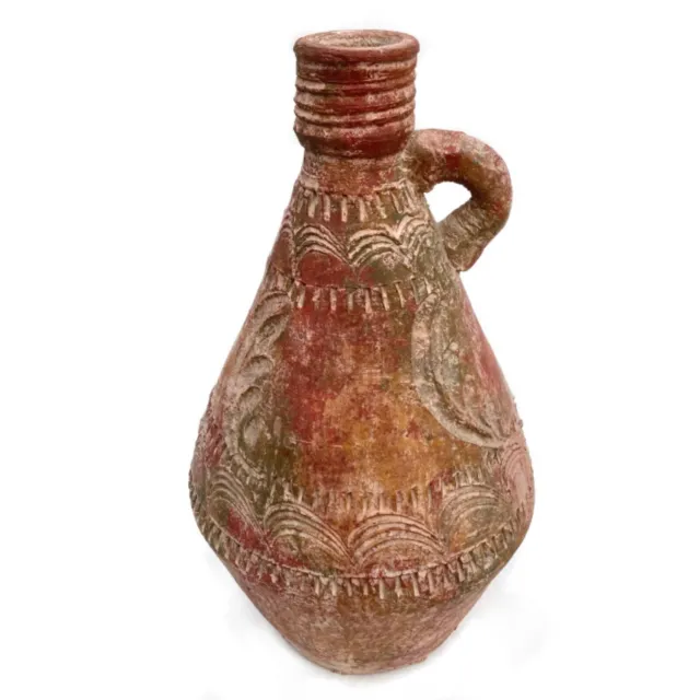 Vintage Rustic Terracotta Jug or Vase Mexican Pottery w Handle 11” Engraved