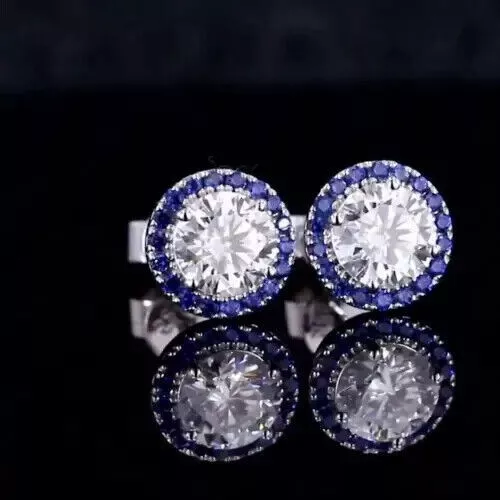 3Ct Round Lab Created Diamond Sapphire Halo Stud Earrings 14K White Gold Plated
