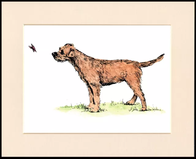 Border Terrier And Butterfly Charming Dog Print Mounted Ready To Frame