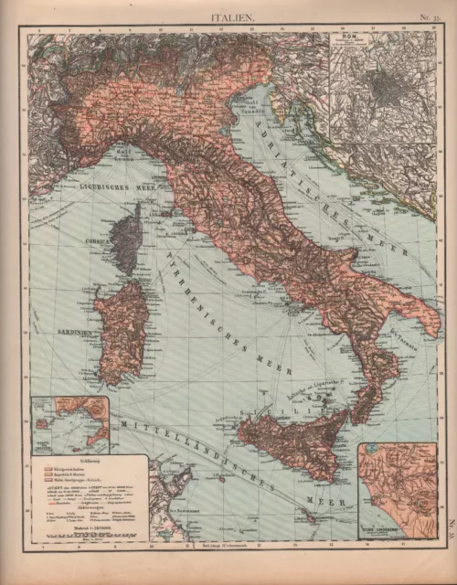 Landkarte map 1905: ITALIEN. Rom Neapel Sardinien Sizilien