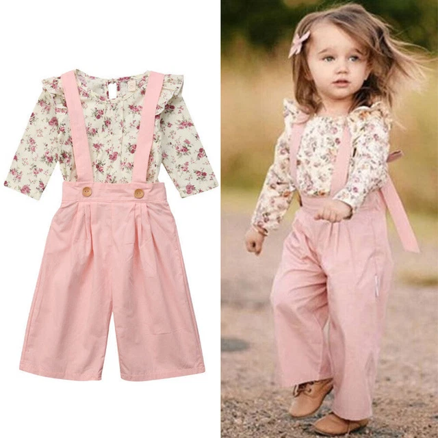 Newborn Baby Girls Ruffle Long Sleeve Tops Strap Bib Long Pants Outfits Clothes