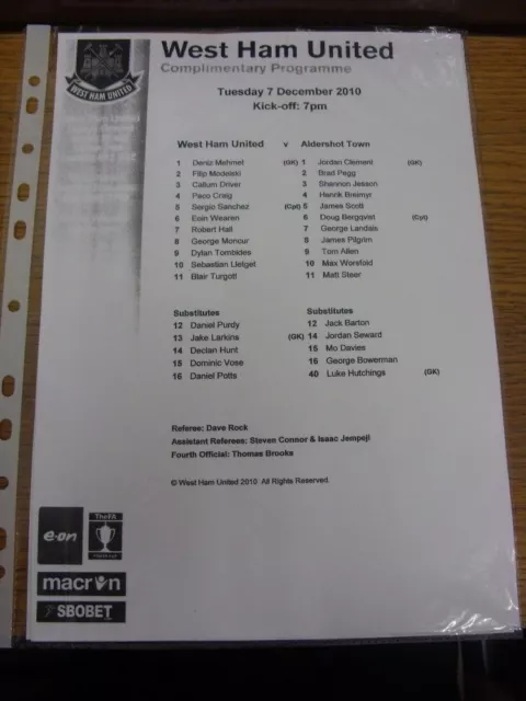 07/12/2010 West Ham United U18 v Aldershot Town U18 [FA Youth Cup] (single sheet