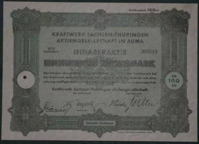 Kraftwerk Sachsen-Thüringen Aktiengesellschaft in Auma 1934  100 RM