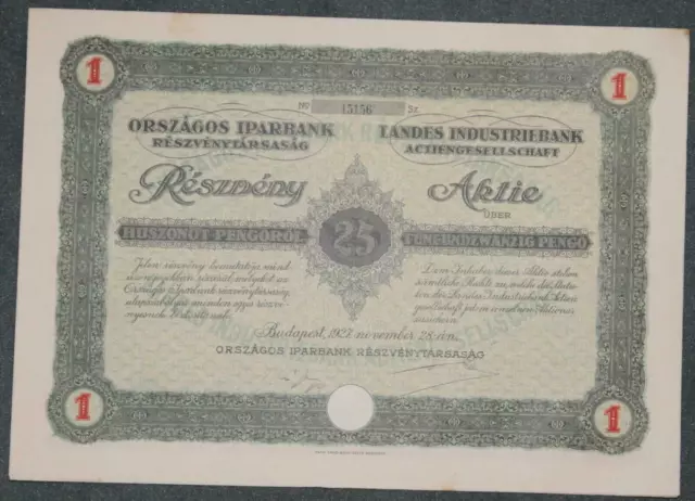 H: Landes Industriebank Actiengesellschaft Nov. 1927 25 Pengo mit Restkup.