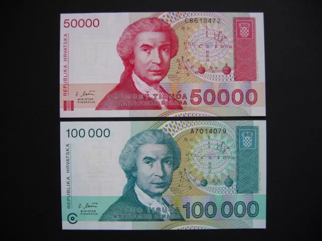 CROATIA  50000 + 100000 Dinara 1993  (P26a + P27a)  UNC