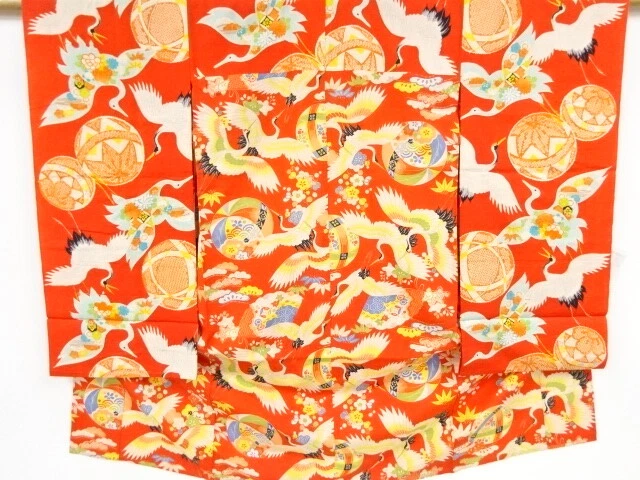 35925# Japanese Kimono / Antique Hitoe Juban For Girls / Cranes & Mari Ball