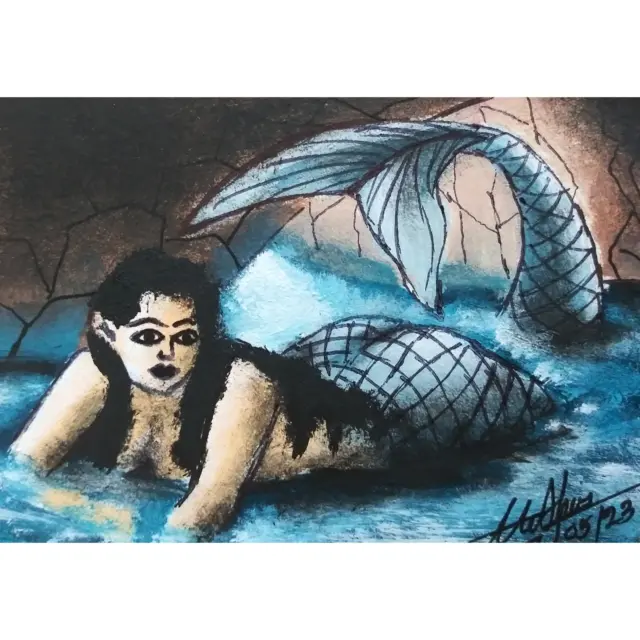 ACEO Original "Mermaid in Sea Cave" Acrylic Painted Mini Art Card OOAK Signed