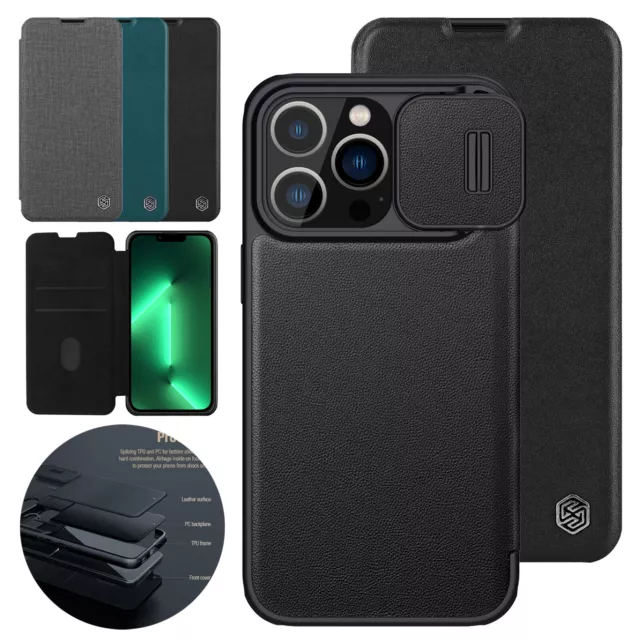 For iPhone 14 13 15 Pro Max Leather Flip Card Holder Slide Camera Slim Case