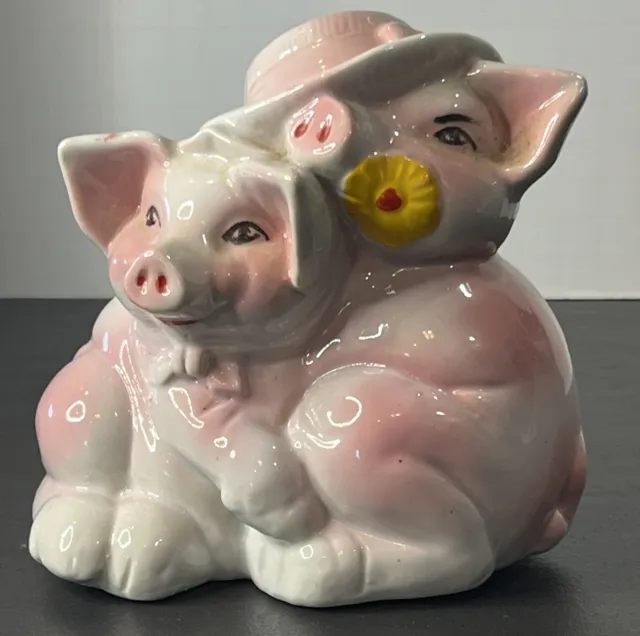 Vtg Pink Pigs Couple Lovers ceramic piggy bank  Anthropomorphic Gift Farm House