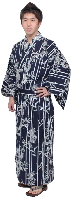 Japanese Kimono Men's Casual Cotton Yukata Robe Dragon and Bamboo stripe #749