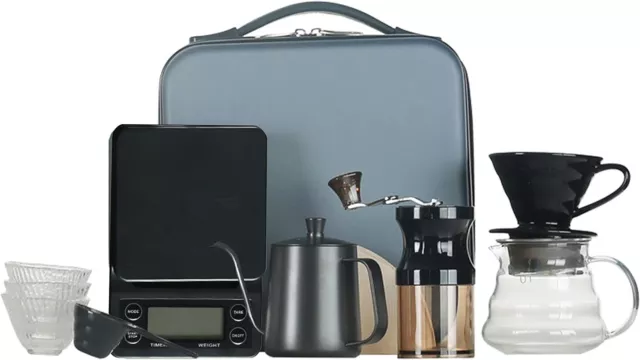 EqiEch 10 Piece Coffee Drip Set with Grinder, Kettle, and Travel Bag