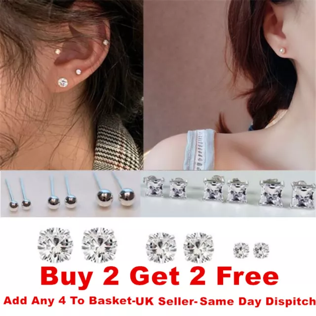 New 925 Sterling Silver Stud Earrings Sparkly Stones Ball Bead For Womens Men