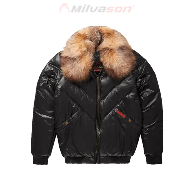 Men's Leather Jacket with Fox Fur Collar - Bubble Black Leather V-Bomber Jacket