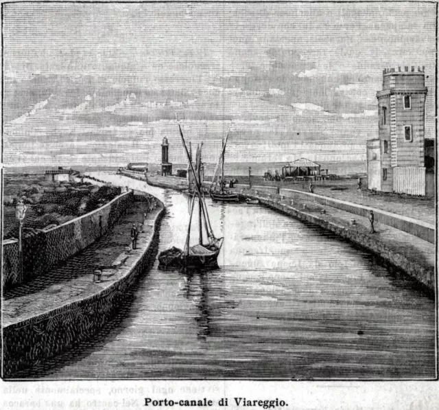 Viareggio: Porto Canale. Stampa antica di 125 anni + passepartout. 1897