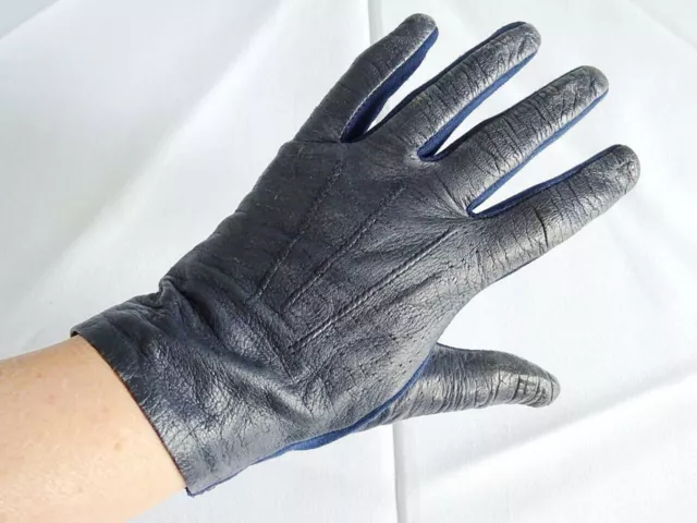 Vintage Leather Gloves 1960s Ladies Navy Blue Fabric Pair 60s Nylon