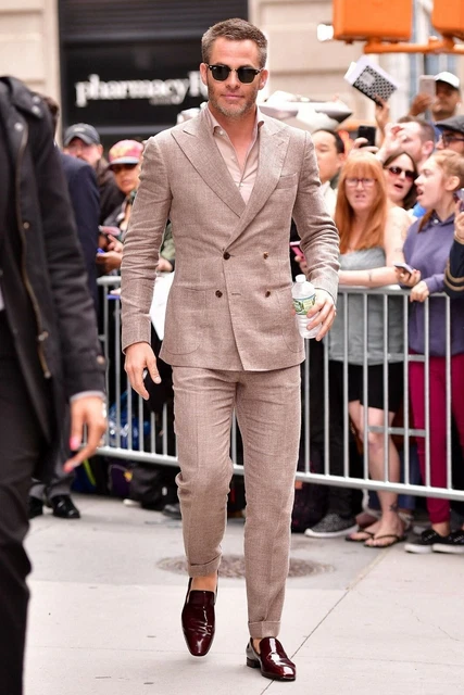 Khaki Men Linen Suit Double Breasted Tuxedo Prom Party Summer Beach Casual Suit