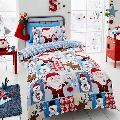 HLC Boys Girls Kids Christmas Santa Patchwork Reversible Duvet Cover Bedding