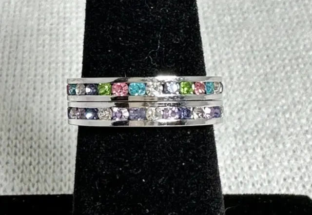 Two Sterling Silver Stacking Rings with Multicolored CZs - Channel Set - Size 7