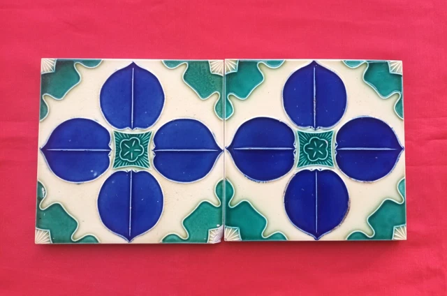 2 Pieces Old Art Flower Design Embossed Majolica Ceramic Tiles Japan 0234