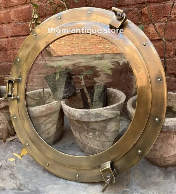 Maritime Ship Boat & Window Wall Mirror Decor 17 inch Brass Porthole Gold Finish