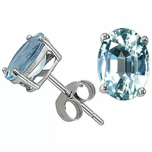 14K White Gold 1.00 Carat 6X4Mm  Aquamarine Oval Shape Push Stud Earrings