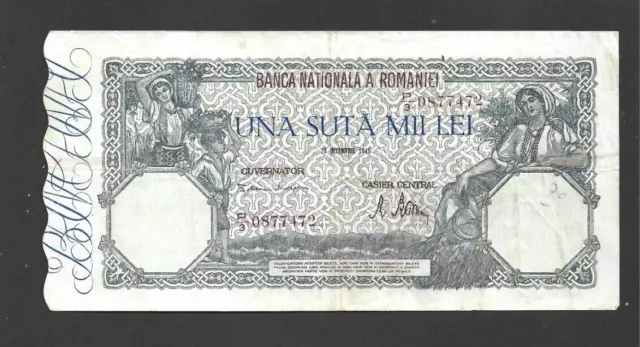 100 000  Lei Very  Fine   Banknote From  Romania 1946   Pick-58